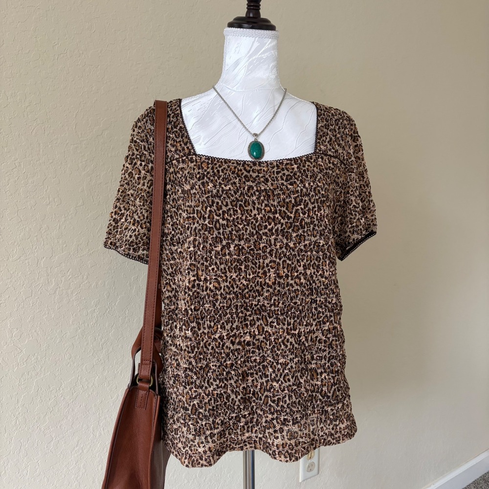 Vintage Y2K East 5th Leopard Print Smocked Blouse Stretch Square Neck Top XL